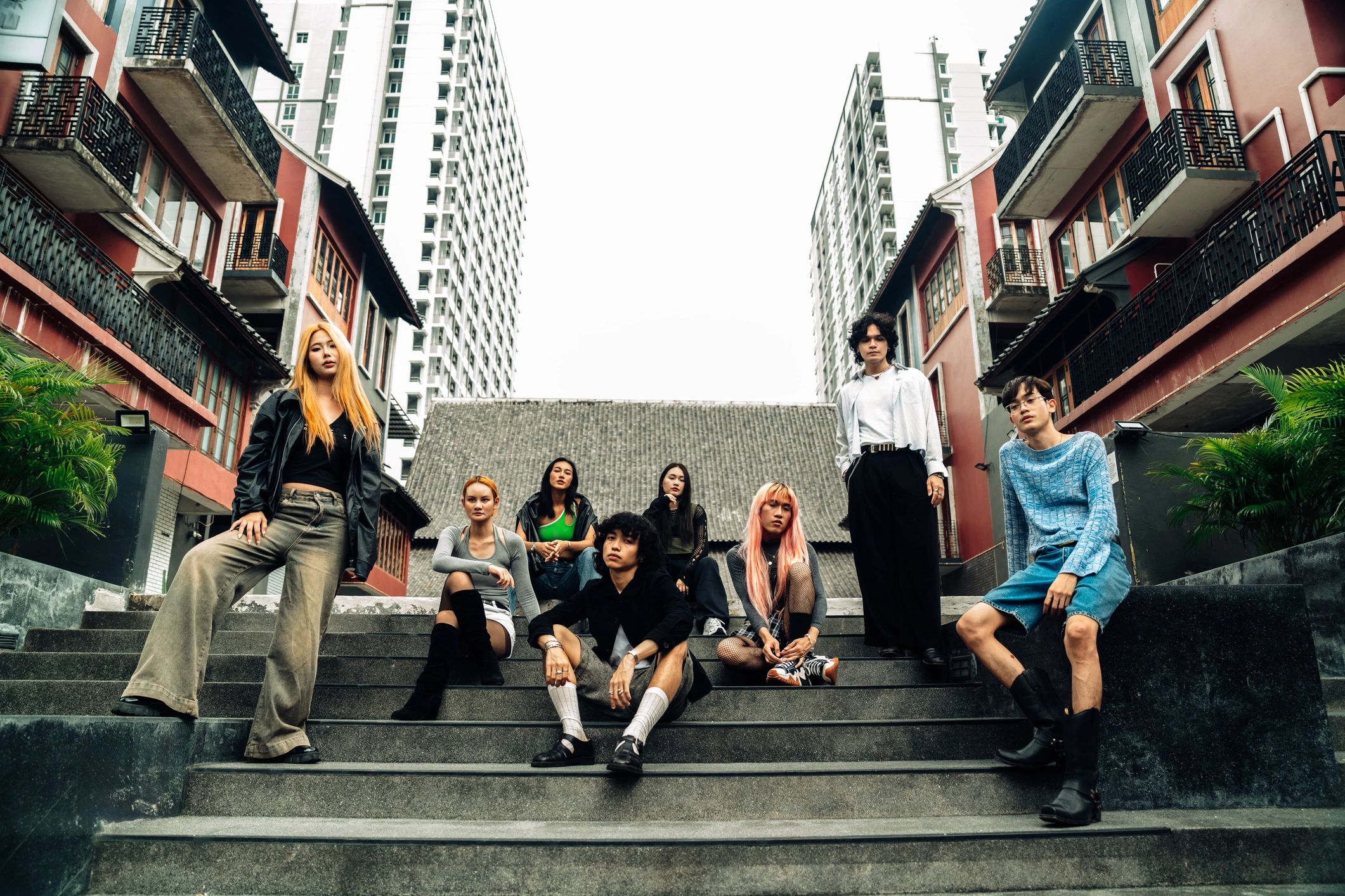 Stylish group portrait at an urban celebration